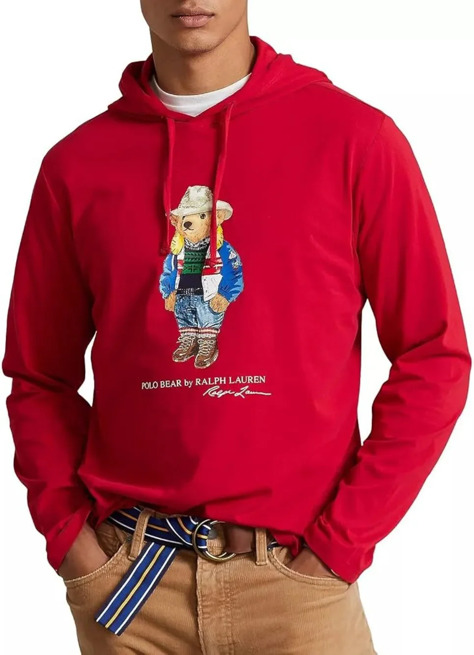 Polo Ralph Lauren Cowboy Polo Bear Jersey Hooded Red Long Sleeve Men's T-Shirt S